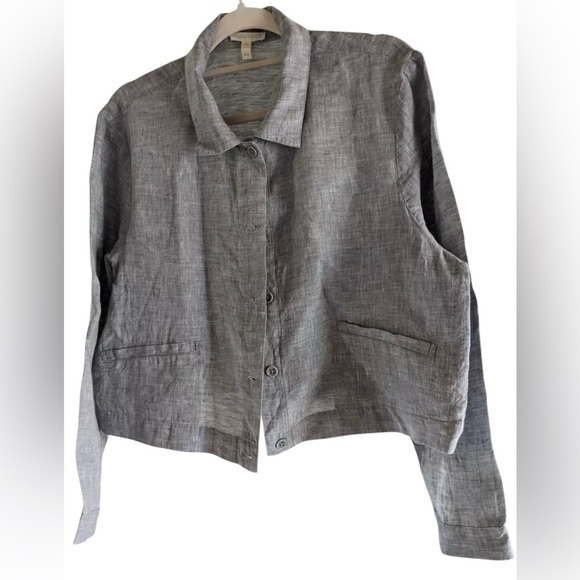 Eileen Fisher Yarn-Dye Hanky Organic Linen Crop Jacket in Gray Size L/XL - Picture 4 of 4